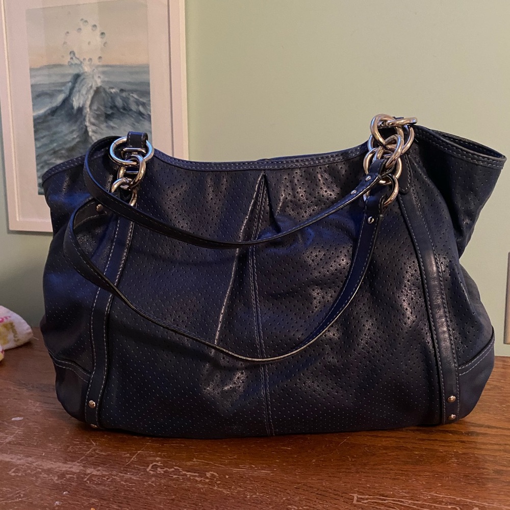Coach Navy Perforated Leather Tote Satchel 16227